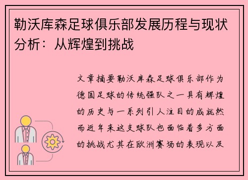 勒沃库森足球俱乐部发展历程与现状分析：从辉煌到挑战