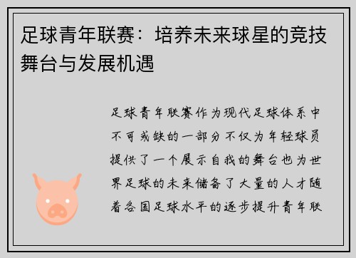 足球青年联赛：培养未来球星的竞技舞台与发展机遇