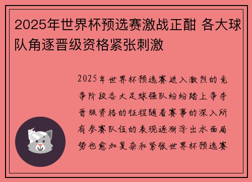 2025年世界杯预选赛激战正酣 各大球队角逐晋级资格紧张刺激