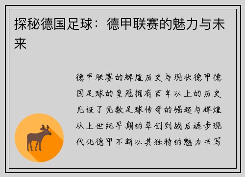 探秘德国足球：德甲联赛的魅力与未来