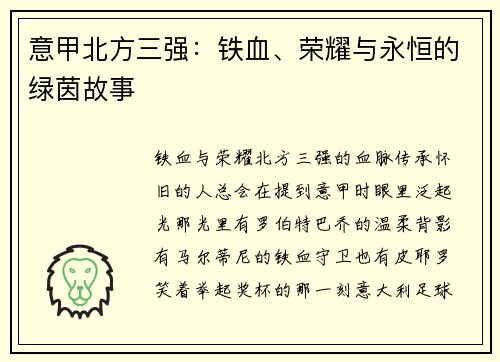 意甲北方三强：铁血、荣耀与永恒的绿茵故事